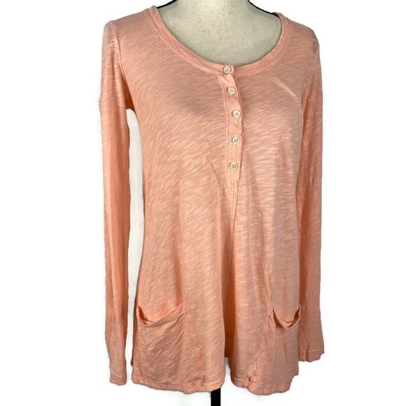 Left of Center Henley Top Anthropologie Button Scoopneck Tunic Pink Womens XS - Picture 1 of 10